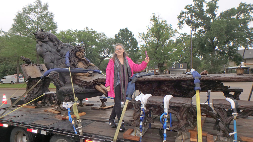 Alice, the Mad Hatter, Cheshire Cat, March Hare and Dormouse await to be installed- sculpture by Bridgette Mongeon