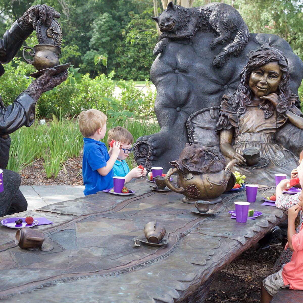 MadHatterTeaParty-01 bronze sculpture by Texas artist
